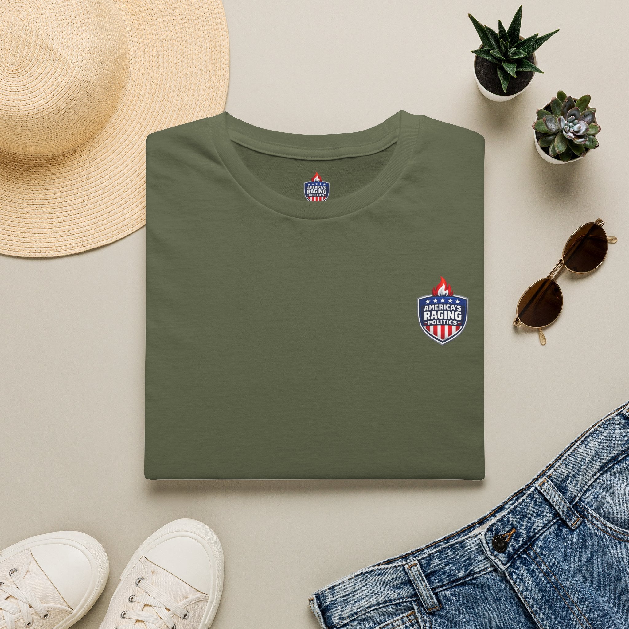 Patriotic Raging Grill BBQ T-Shirt — Small Chest Logo, 4th of July Cookout Tee