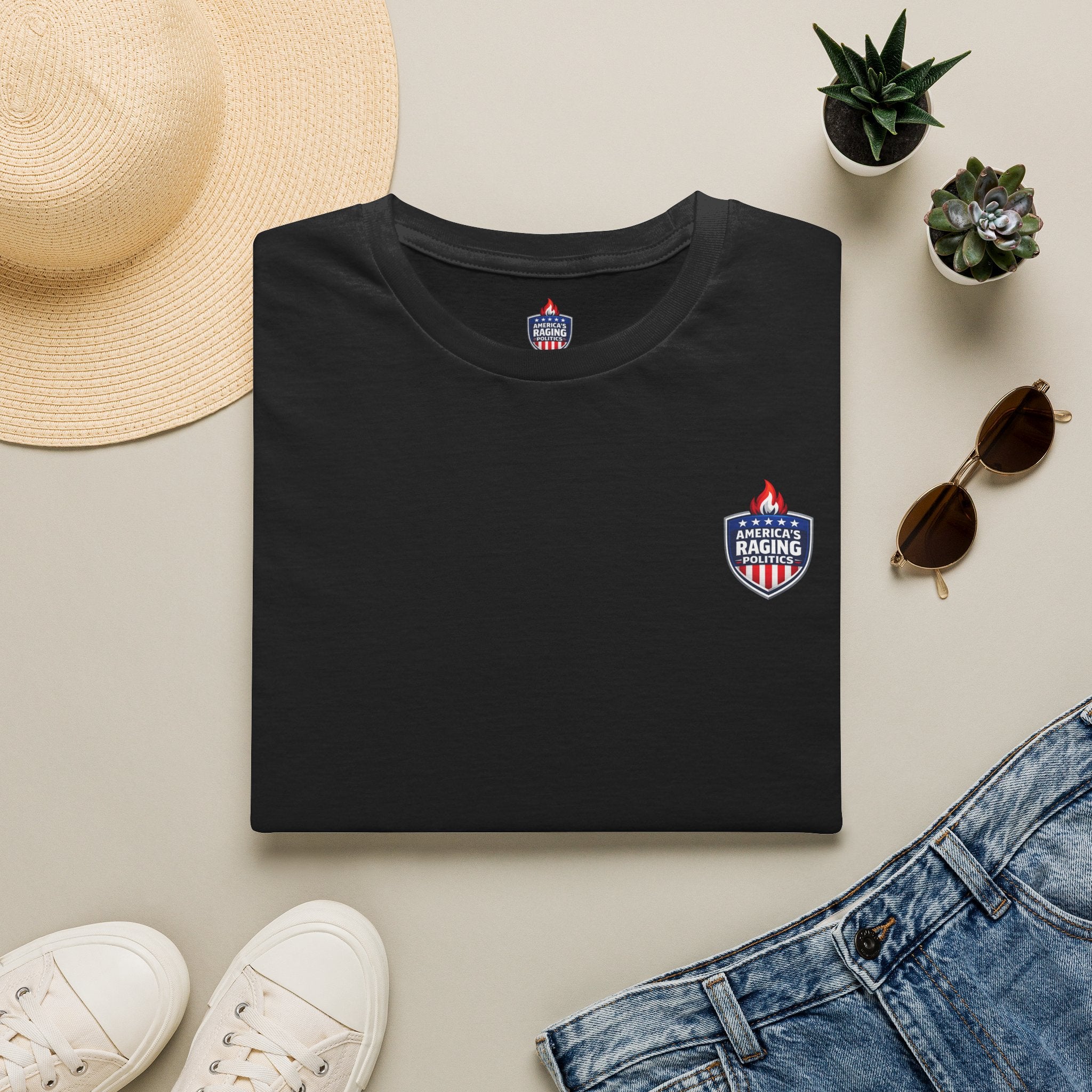 Patriotic Raging Grill BBQ T-Shirt — Small Chest Logo, 4th of July Cookout Tee