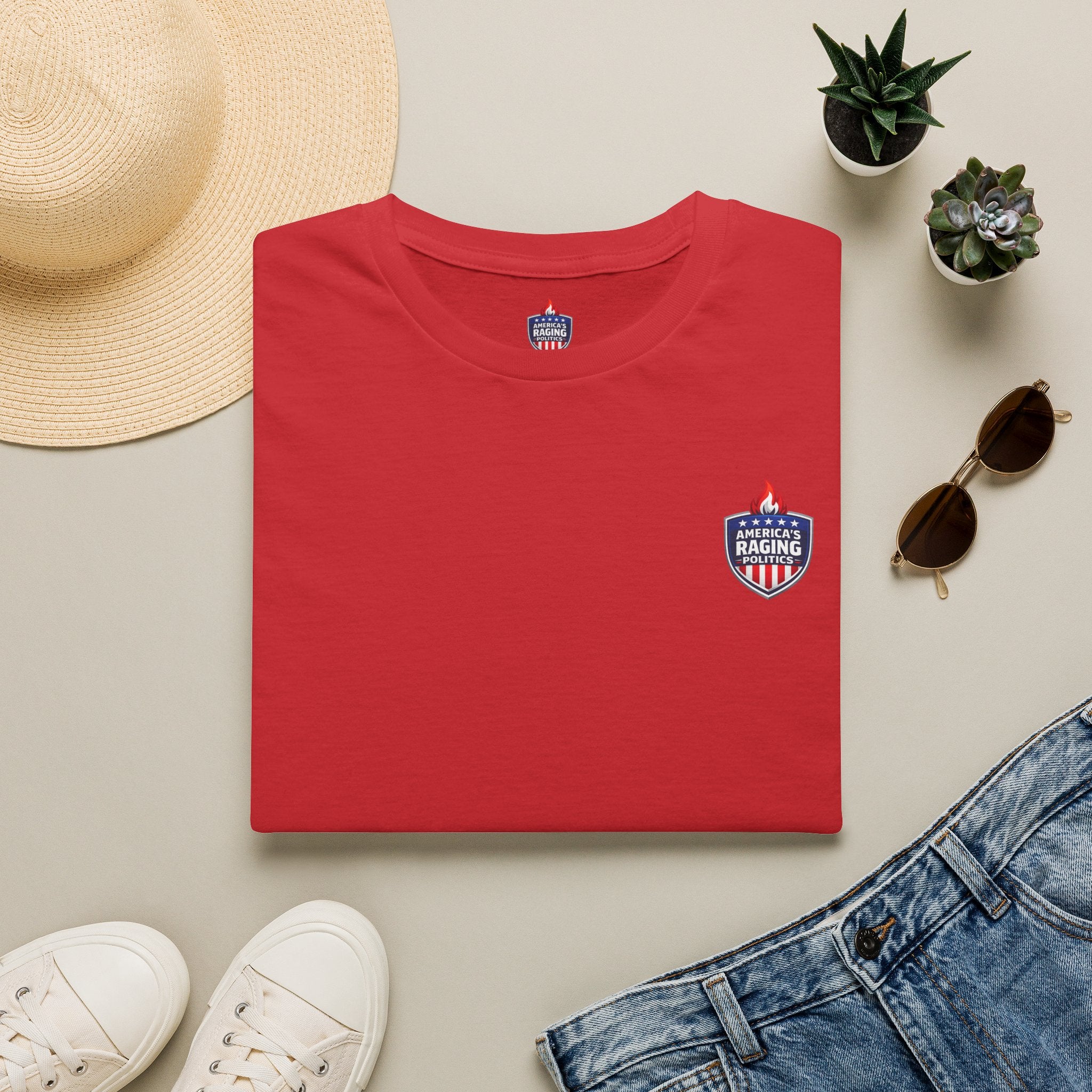 Patriotic Raging Grill BBQ T-Shirt — Small Chest Logo, 4th of July Cookout Tee