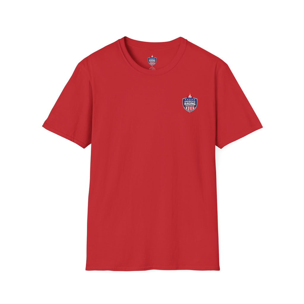 Patriotic Raging Grill BBQ T-Shirt — Small Chest Logo, 4th of July Cookout Tee