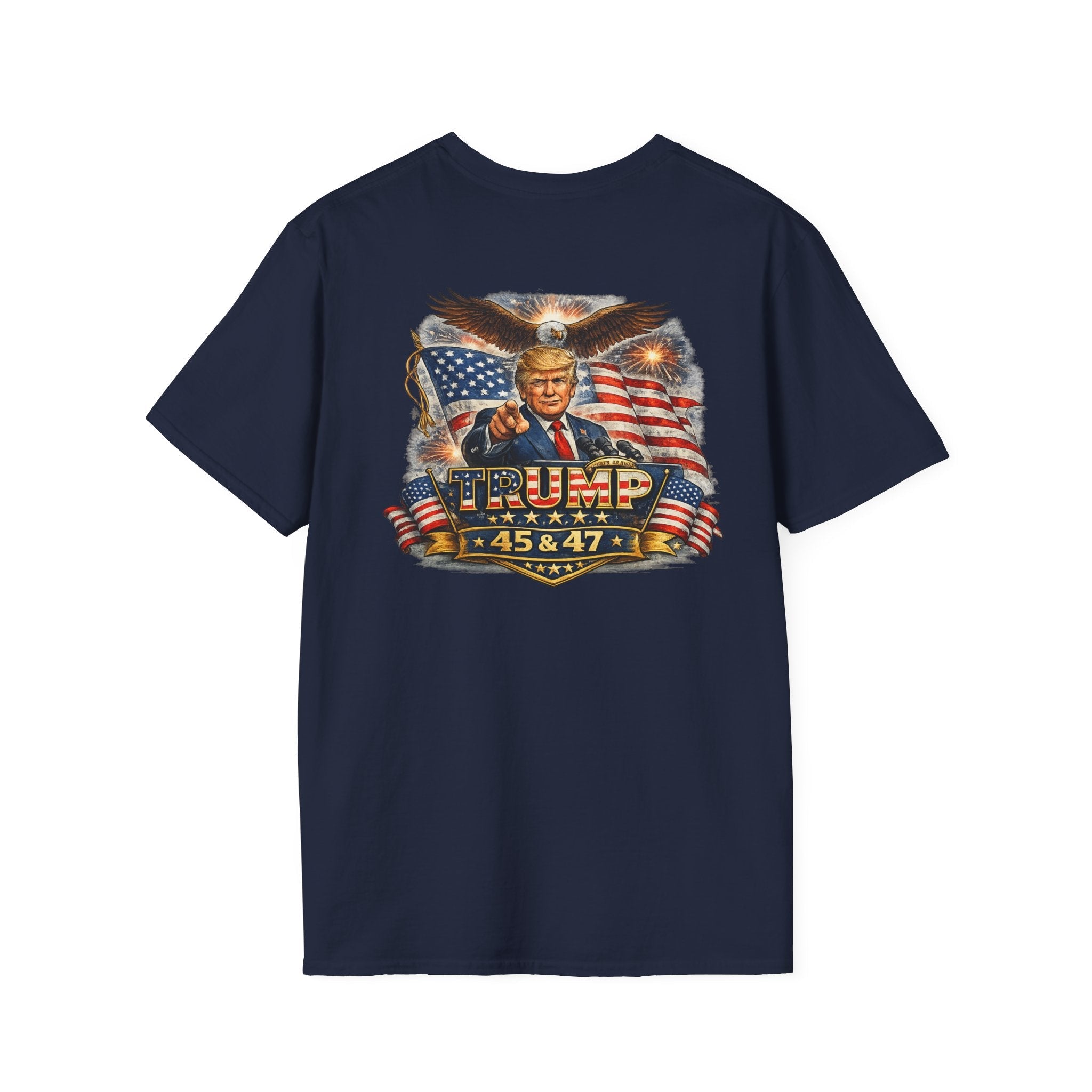 Trump 45 & 47 Patriotic T-Shirt — American Flag Eagle Graphic - Americas RAGING Politics