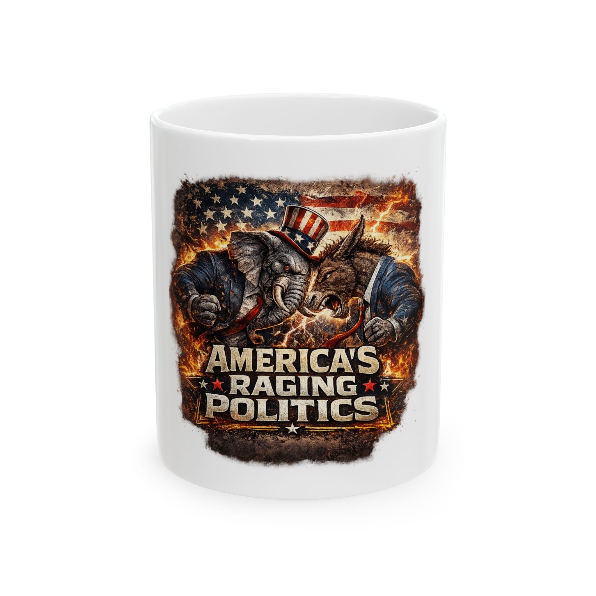 Ceramic Mug - "America's Raging Politics" Patriotic Elephant & Donkey Political Coffee Mug - Americas RAGING Politics