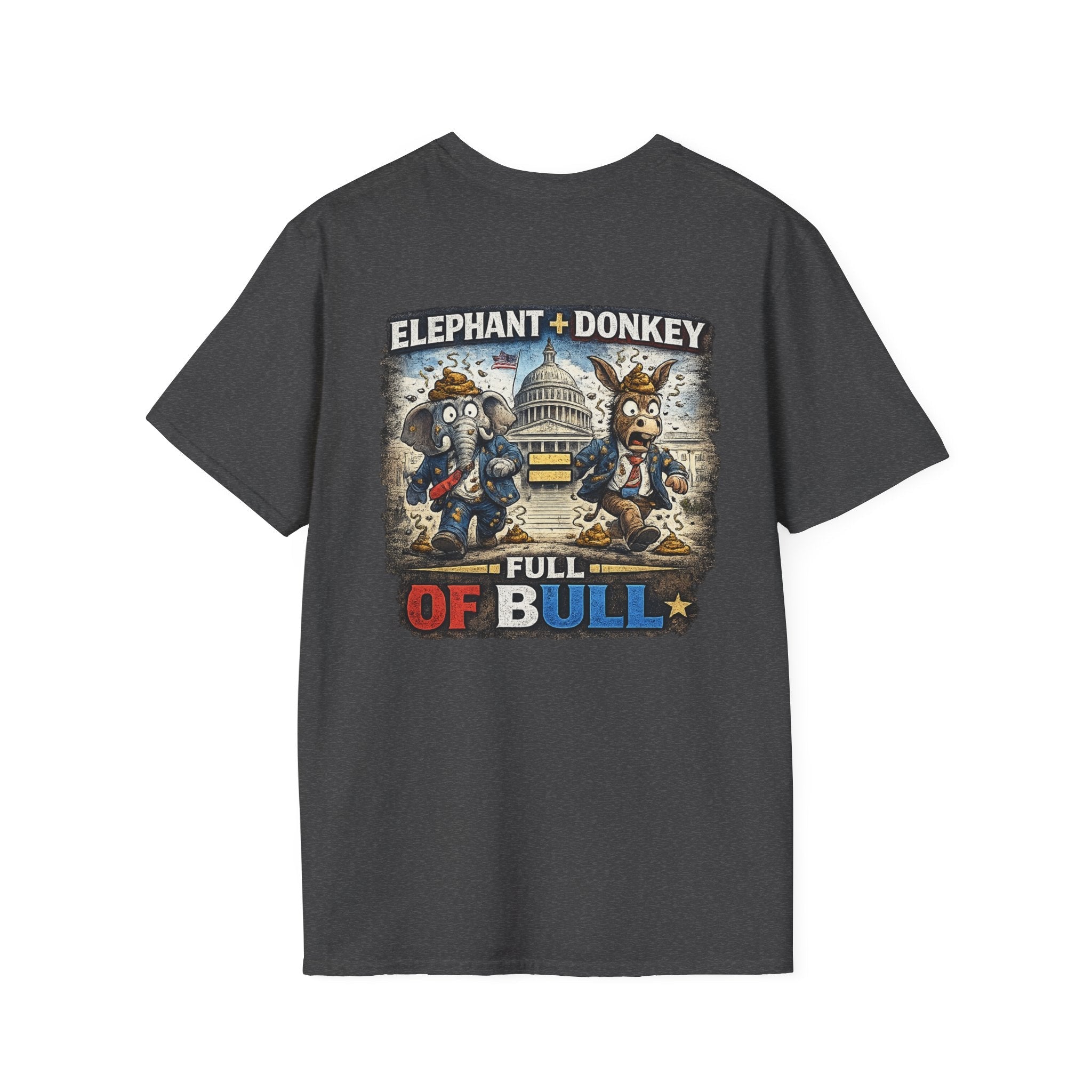 Political Satire T-Shirt — "Elephant + Donkey Full of Bull" Back Graphic - Americas RAGING Politics