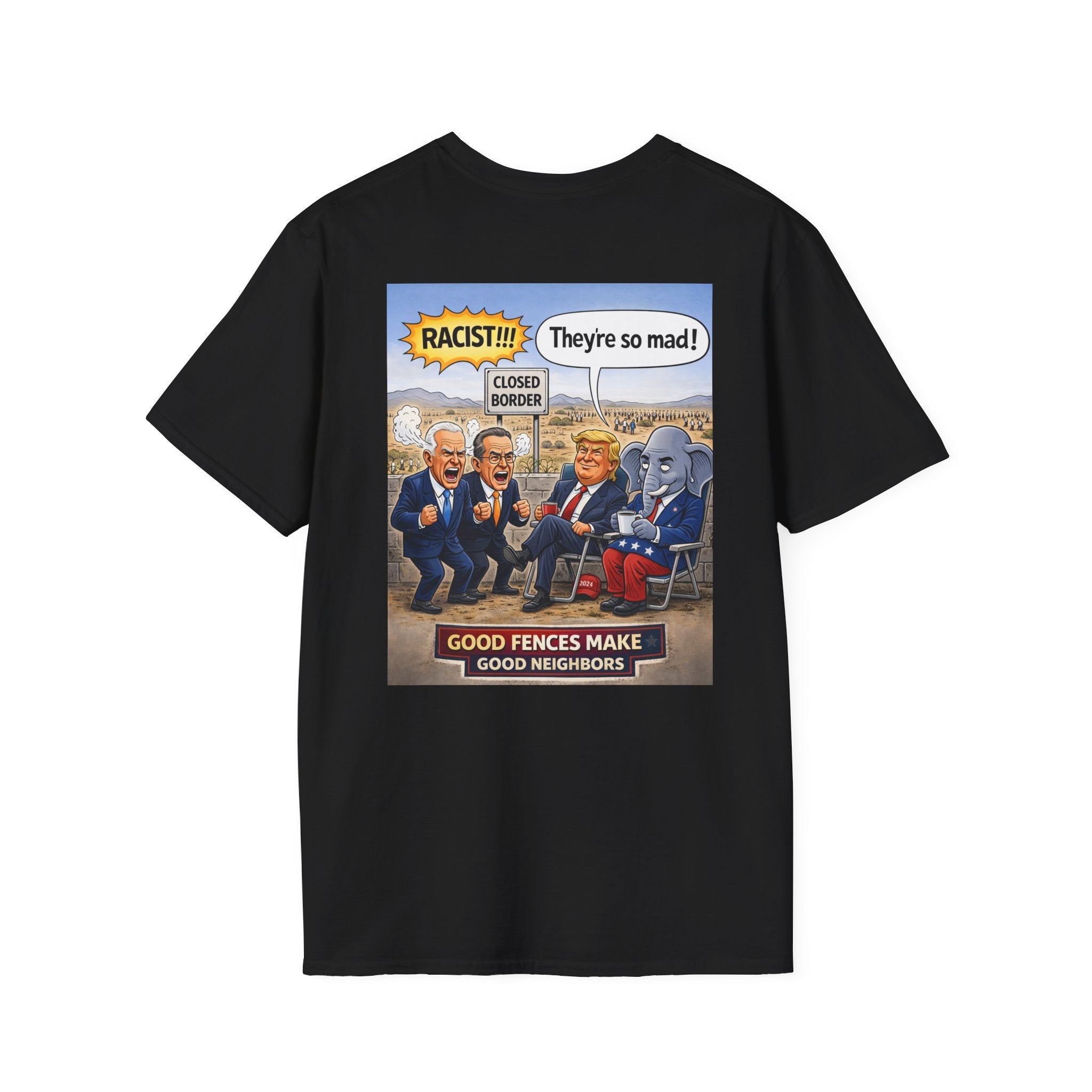 T-Shirt — Political Cartoon 'Good Fences Make Good Neighbors' (Back Graphic) - Americas RAGING Politics
