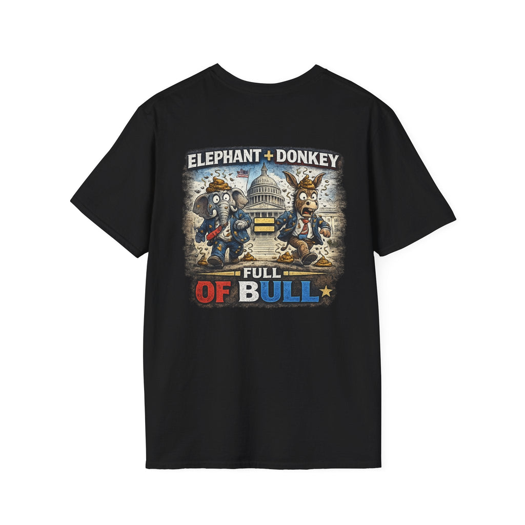 Political Satire T-Shirt — "Elephant + Donkey Full of Bull" Back Graphic - Americas RAGING Politics