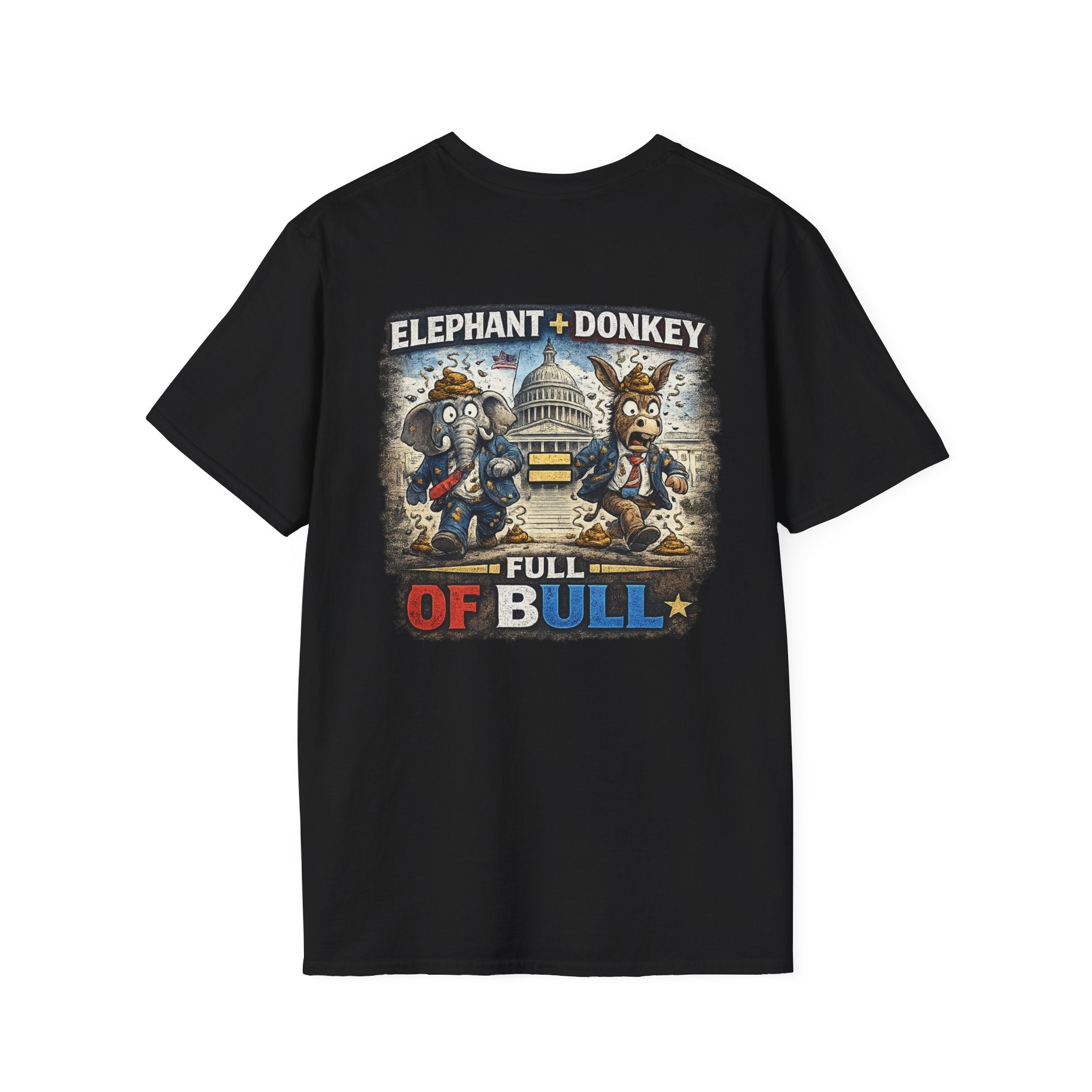 Political Satire T-Shirt — "Elephant + Donkey Full of Bull" Back Graphic - Americas RAGING Politics