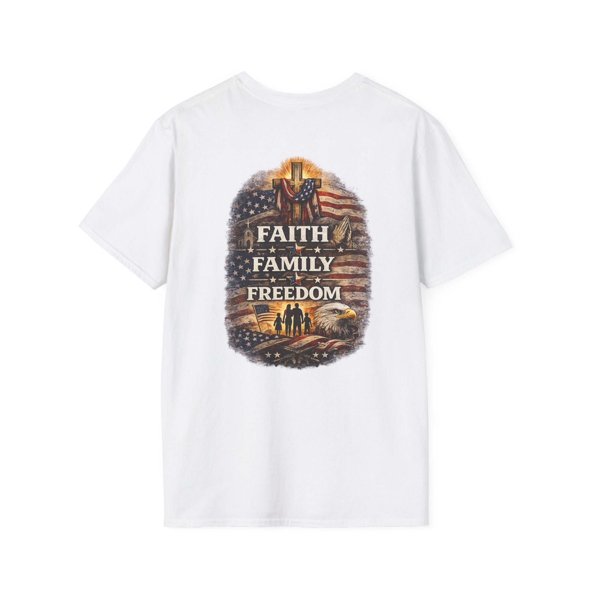 Faith • Family • Freedom – Patriotic Values T-Shirt 🇺🇸 - Americas RAGING Politics