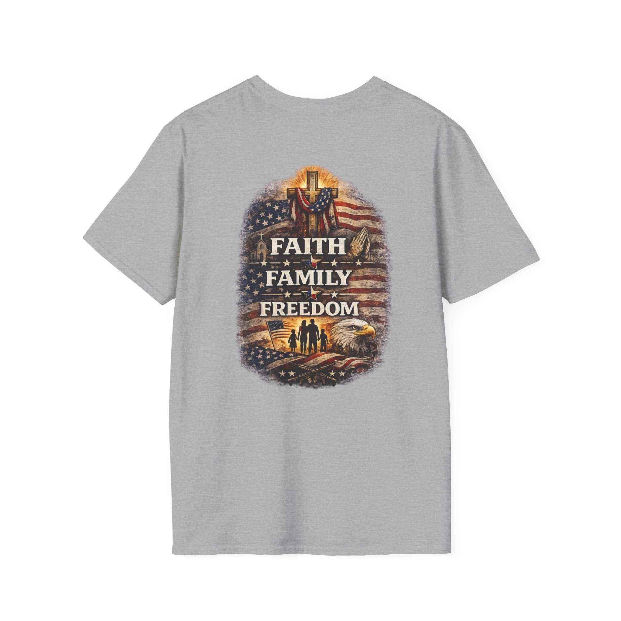 Faith • Family • Freedom – Patriotic Values T-Shirt 🇺🇸 - Americas RAGING Politics