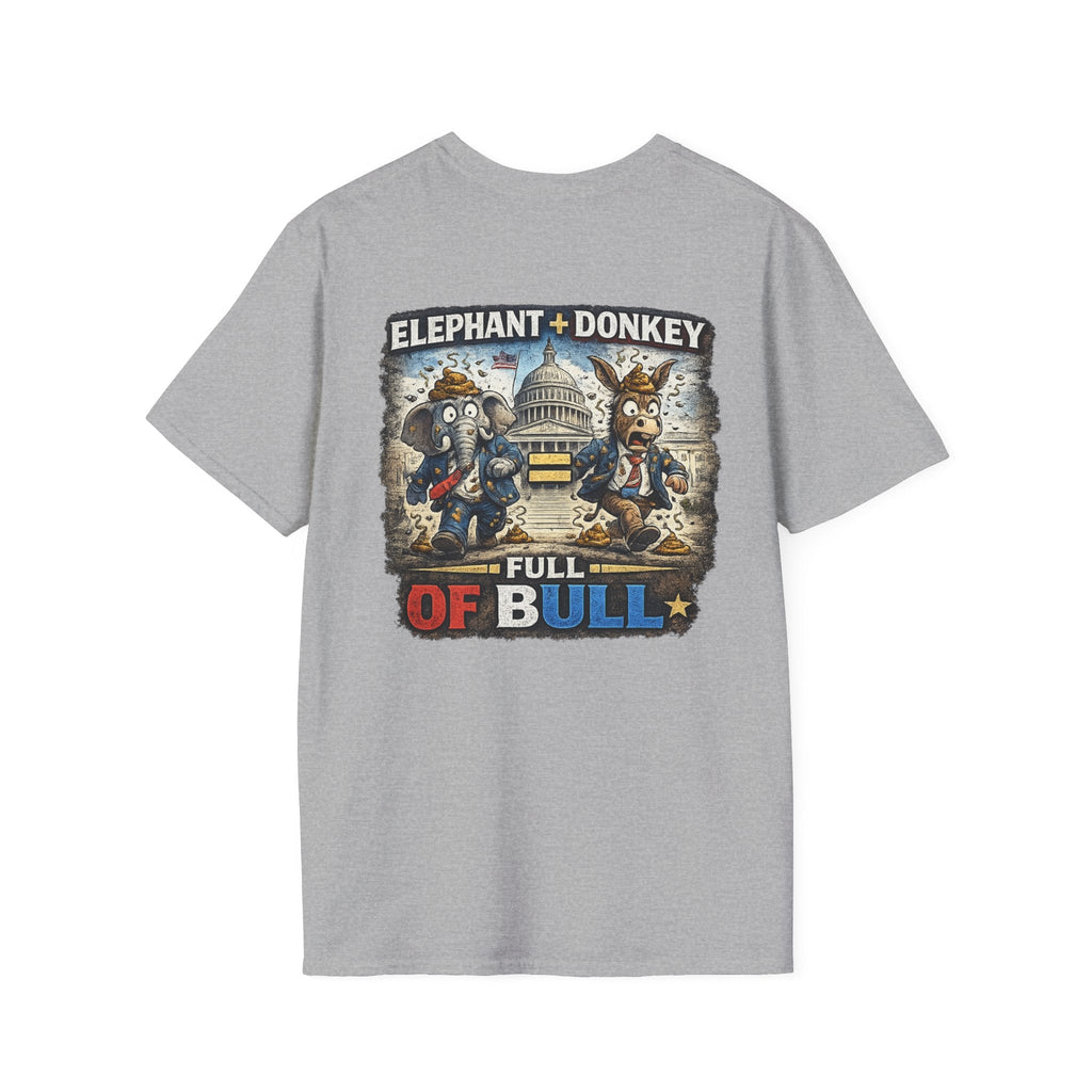 Political Satire T-Shirt — "Elephant + Donkey Full of Bull" Back Graphic - Americas RAGING Politics