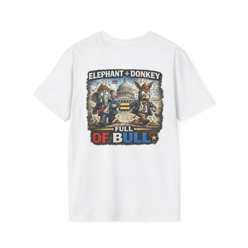 Political Satire T-Shirt — "Elephant + Donkey Full of Bull" Back Graphic - Americas RAGING Politics